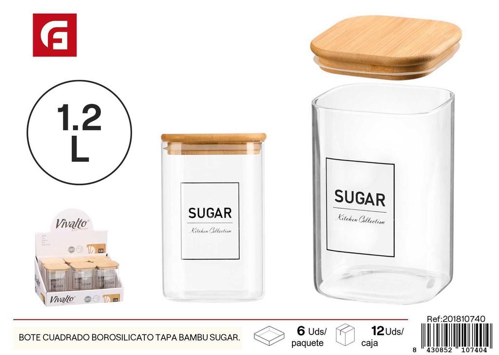 Bote cuadrado de borosilicato tapa bambú 1.2L - Almacenamiento y envases de cocina