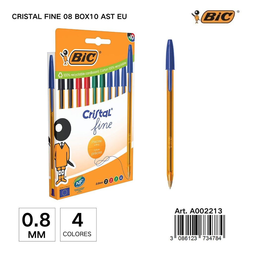 Bolígrafo BIC cristal fine 0.8mm (10 unidades) - Material de escritura, papelería