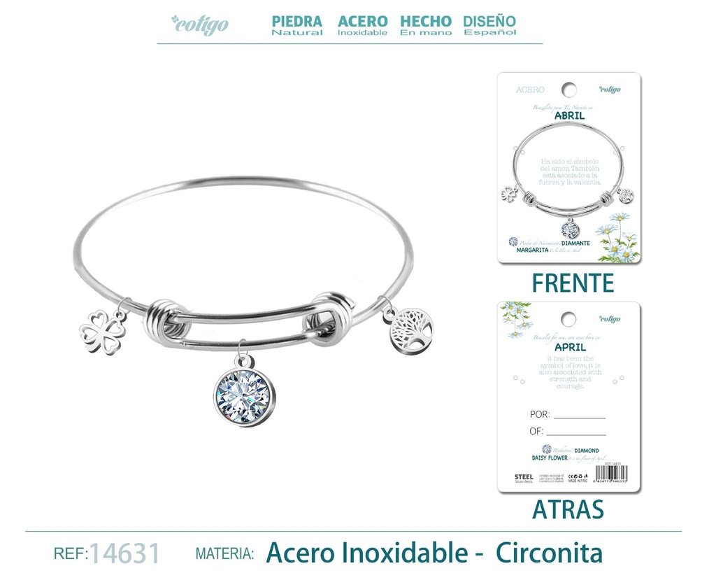 Brazalete de acero para nacimiento del mes de abril - Joyas de regalo por mes