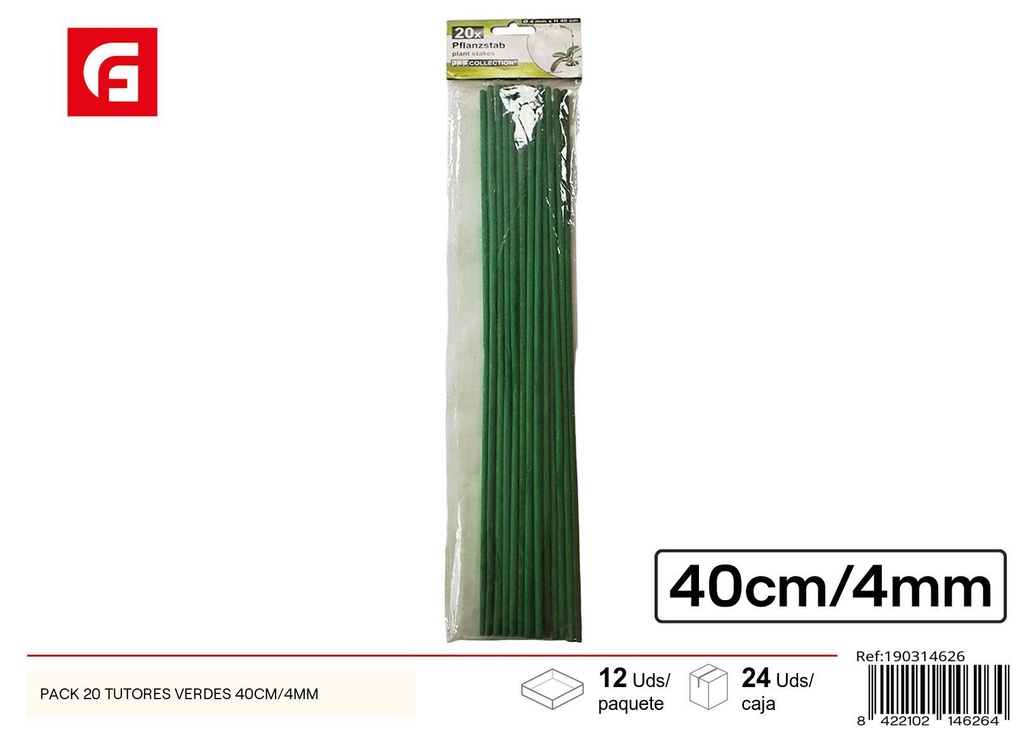 Pack 20 tutores verdes 40 cm/4 mm - Accesorios de jardín y tutores para plantas