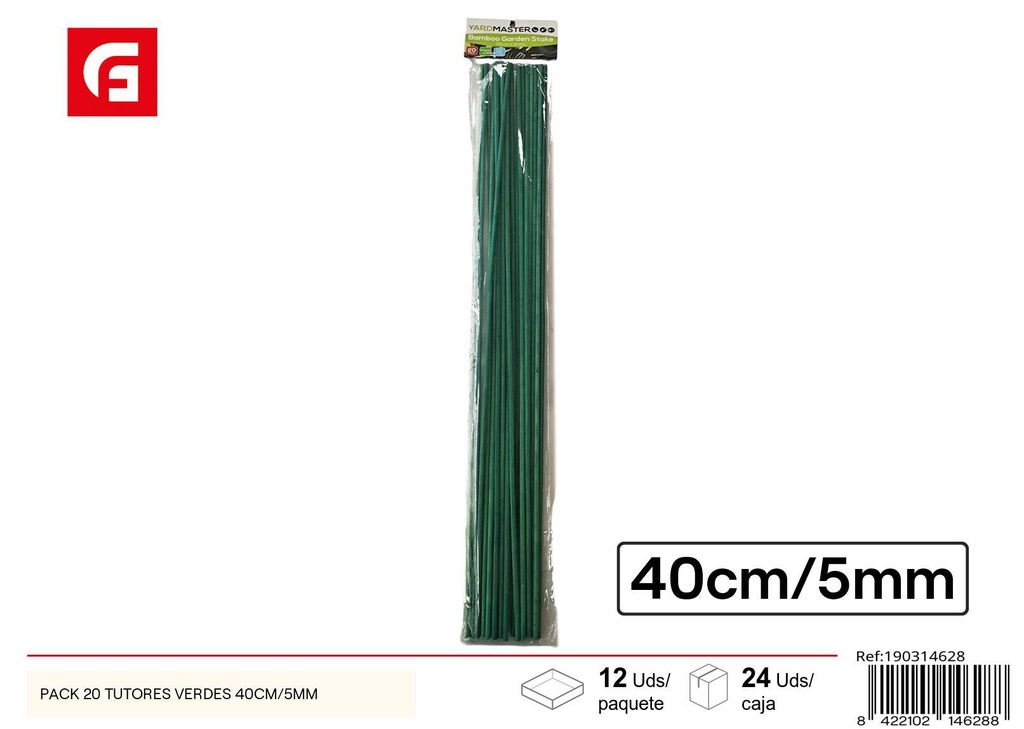 Pack de 20 tutores verdes de 40 cm/5 mm - Accesorios de jardinería