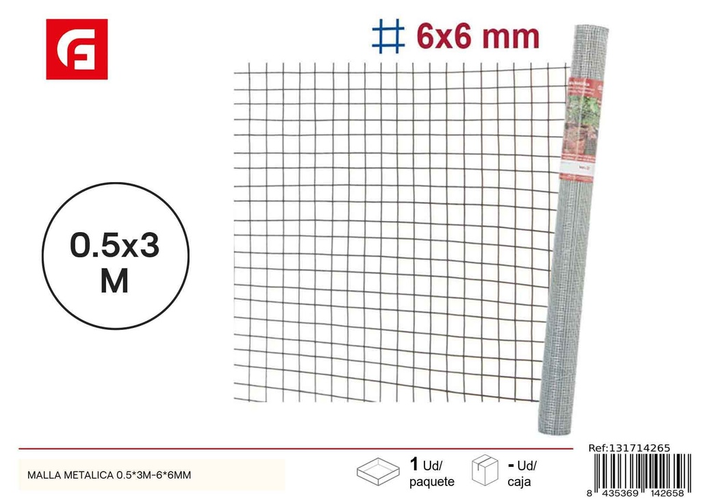 Malla metálica 0.5x3m - 6x6 mm - Accesorios de jardín para protección