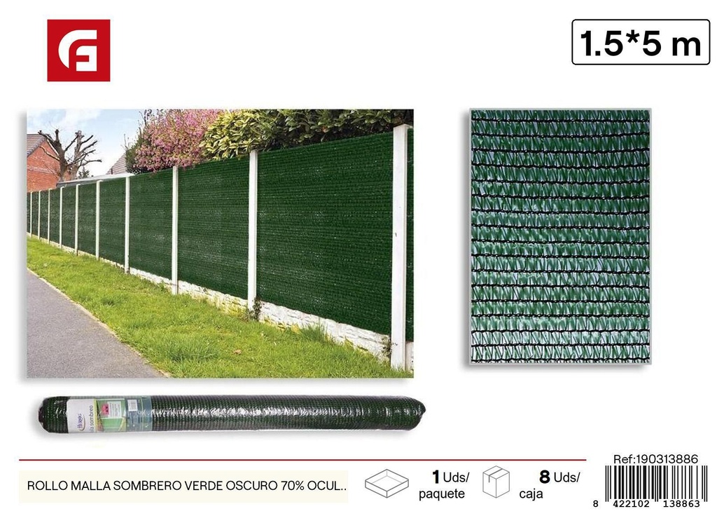 Rollo de malla de sombreo verde oscuro 70% ocultación 1.5x5m - Accesorios de jardín y mallas de sombra