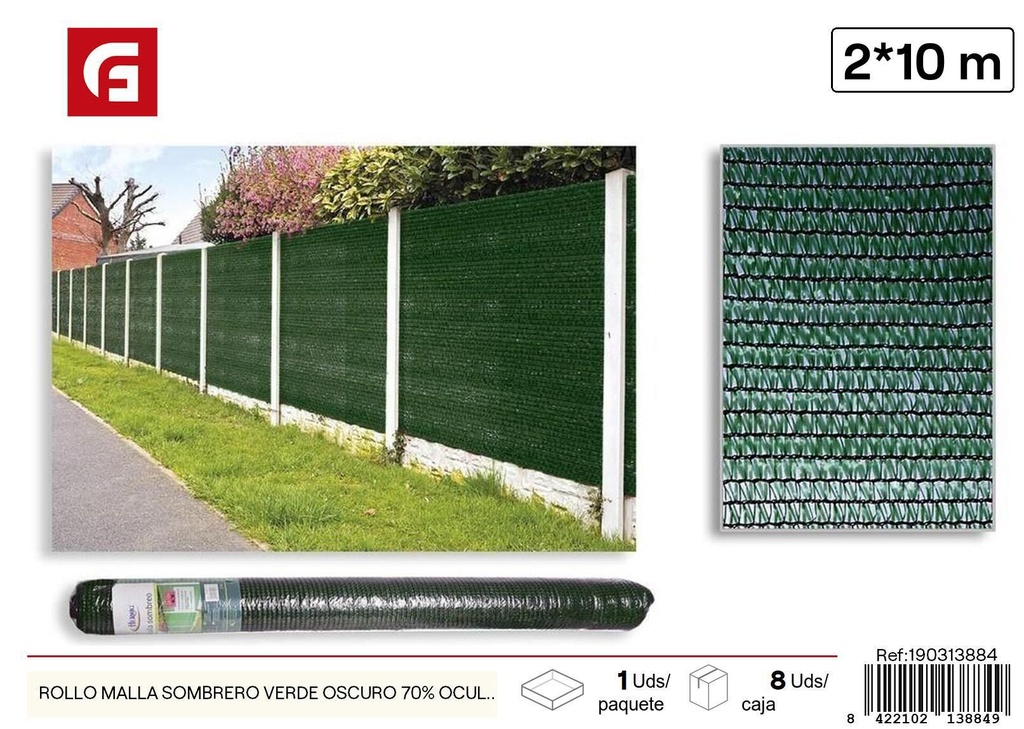 Rollo de malla de sombreo verde oscuro 70% ocultación 2x10m - Accesorios de jardín y mallas de sombra