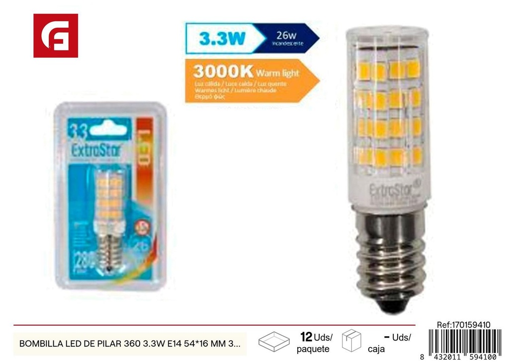 Bombilla LED de pilar 360 3.3W E14 54*16 mm 3000K - Iluminación y bombillas