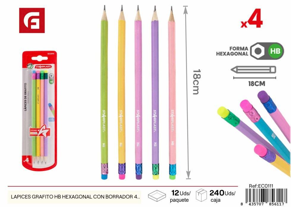 Set de lápices hexagonales HB con borrador (4 piezas) - Material escolar y de escritura