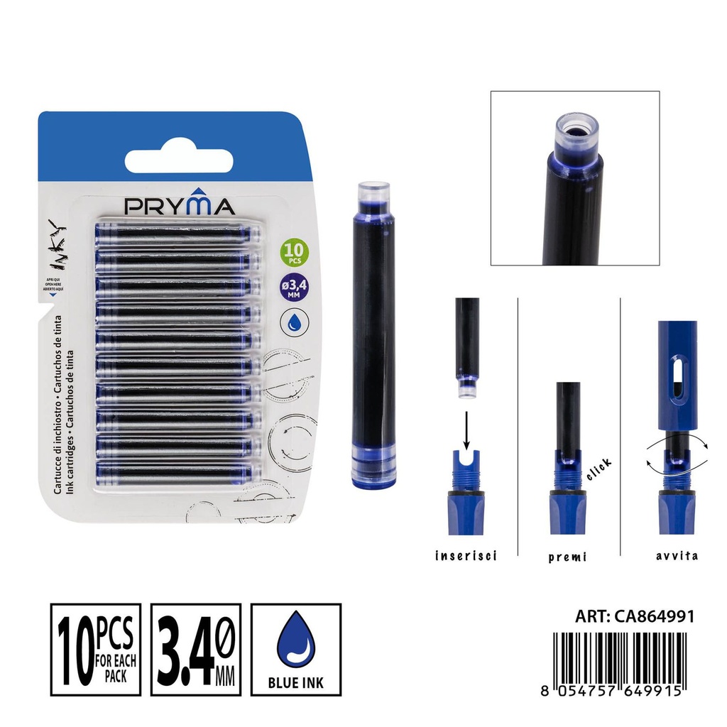 Cартuchos de tinta azul D.3.4 mm, 10 piezas - Material de escritura