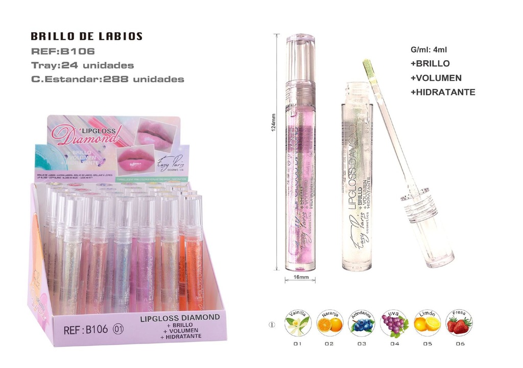  Brillo Labial Diamante + Hidratación 24u - Labios voluminosos y cuidados