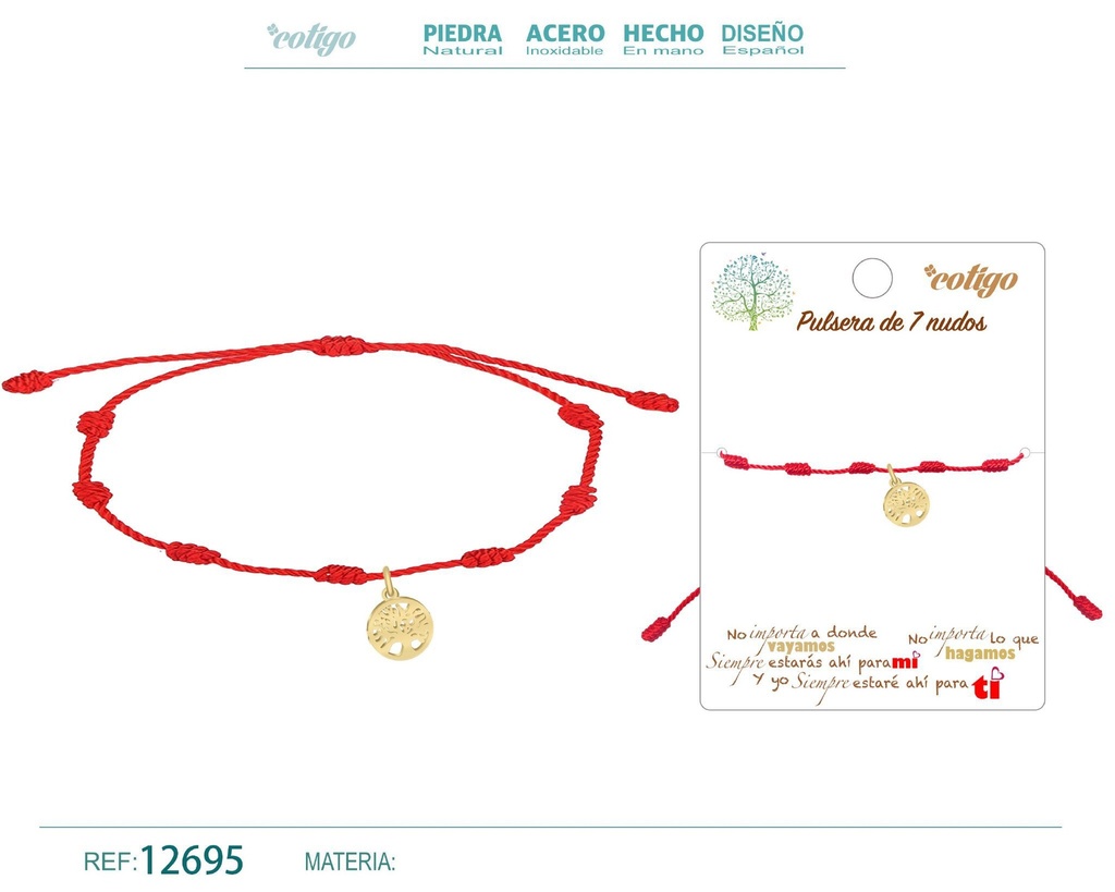 Pulsera de 7 nudos con árbol de la vida acero dorado - Joyería de nudos