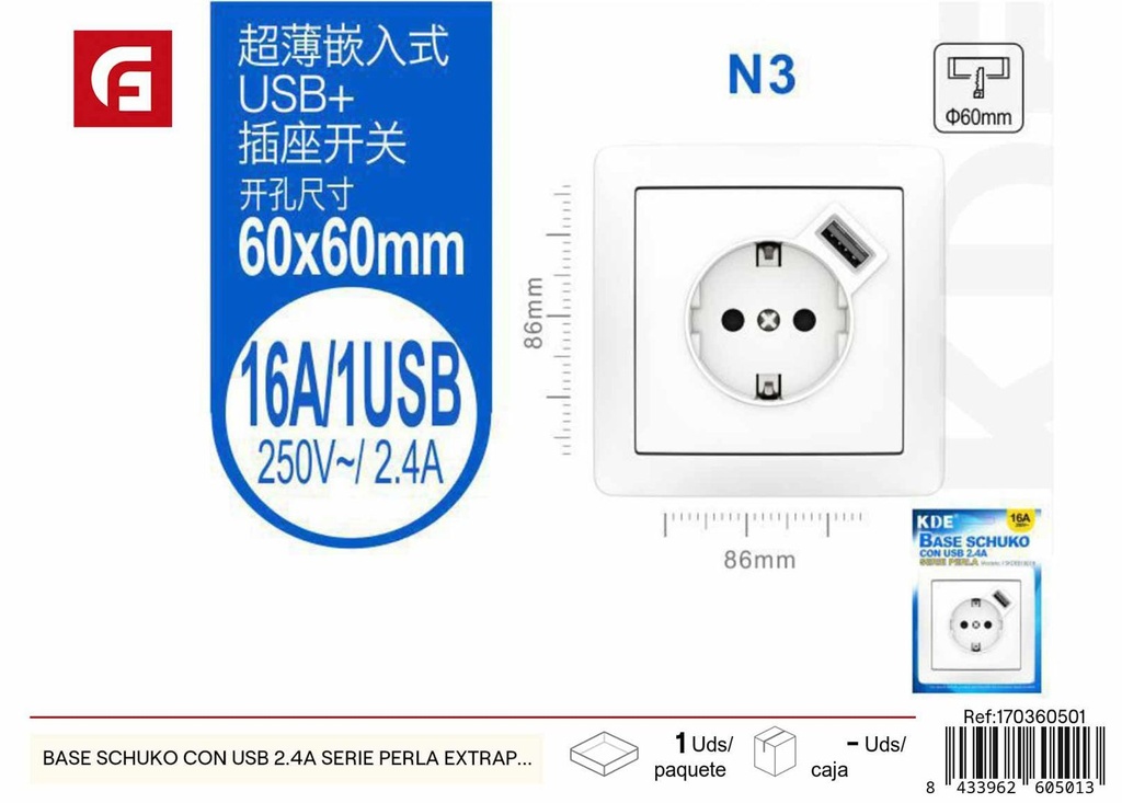 Base Schuko con USB 2.4A serie perla extraplana 605013 - Accesorios eléctricos