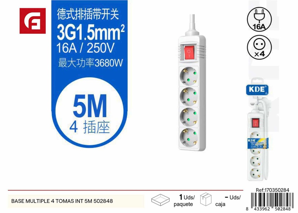 Base múltiple 4 tomas con cable de 5m modelo 502848 - Suministros eléctricos y regletas