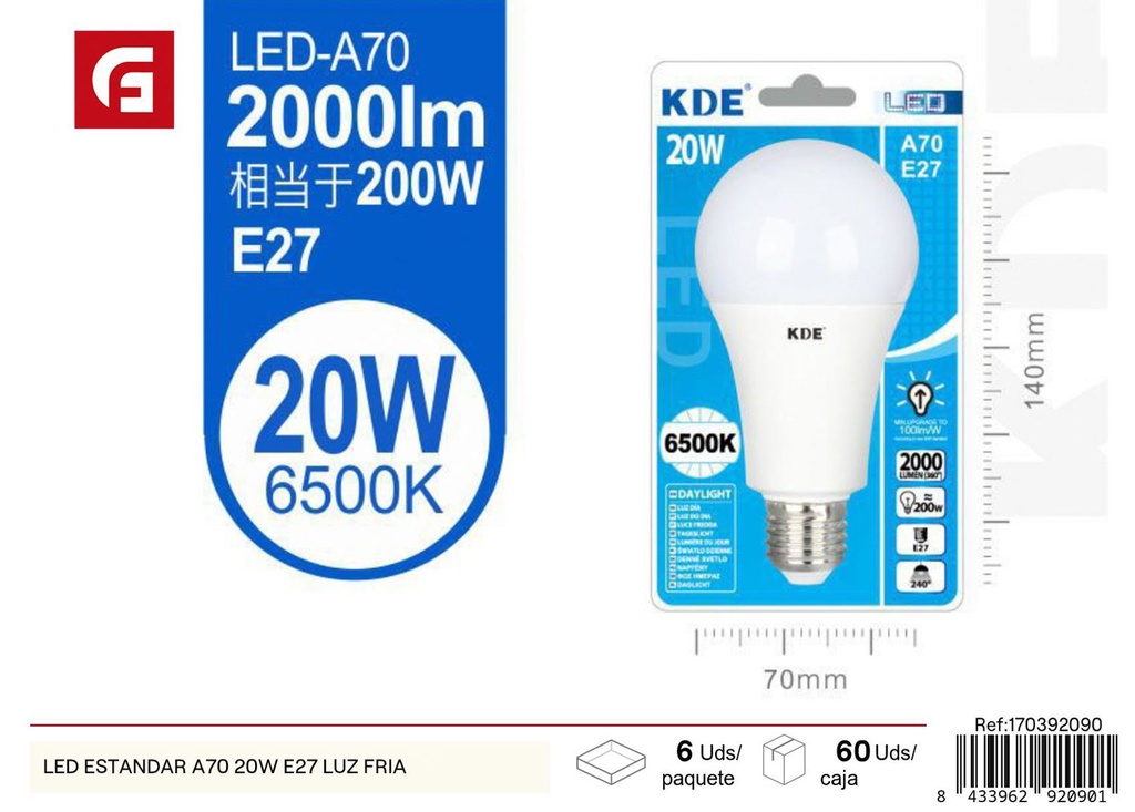 Bombilla LED estándar A70 20W E27 luz fría - Iluminación LED