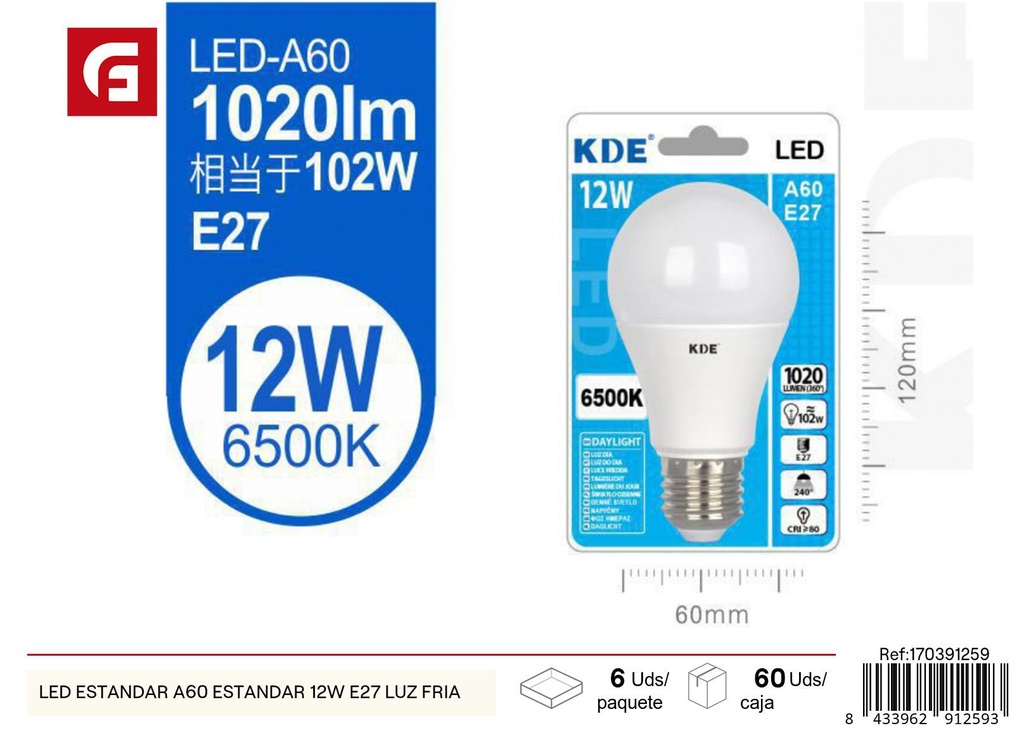 Bombilla LED A60 12W E27 luz fría - Iluminación y eficiencia energética