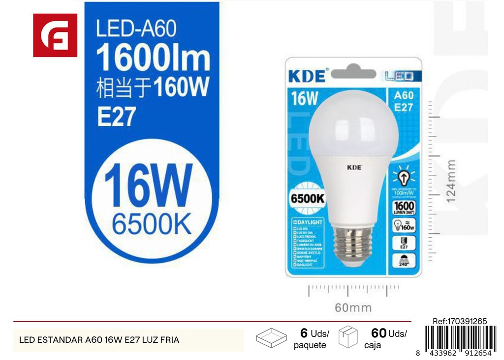 Bombilla LED estándar A60 16W E27 luz fría - Iluminación LED y bombillas para ambientes
