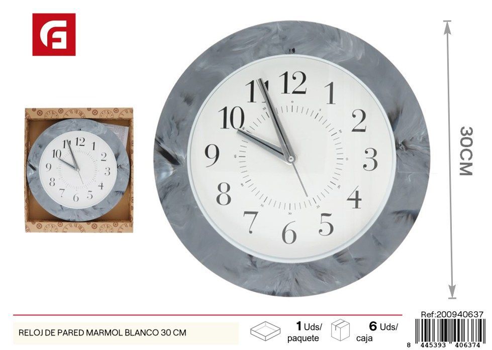  Reloj de pared mármol blanco 30 cm - Decoración del hogar