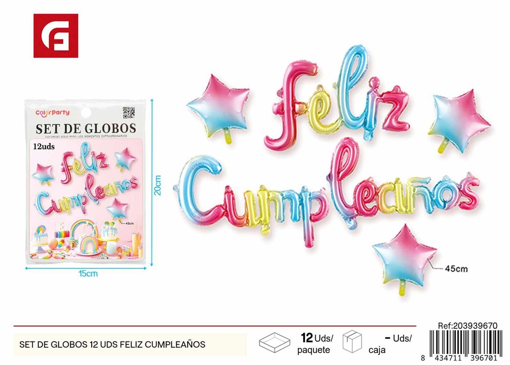 Set de globos de cumpleaños tema feliz (12 uds) - Decoración festiva y globos de cumpleaños