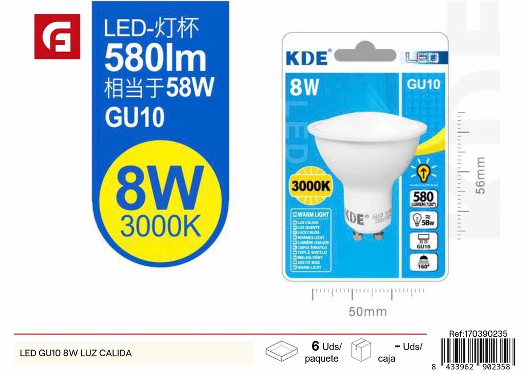 Bombilla LED GU10 8W luz cálida - Iluminación y bombillas LED
