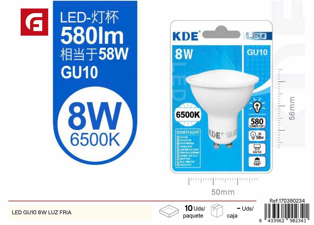 Bombilla LED GU10 8W luz fría - Iluminación y bombillas LED