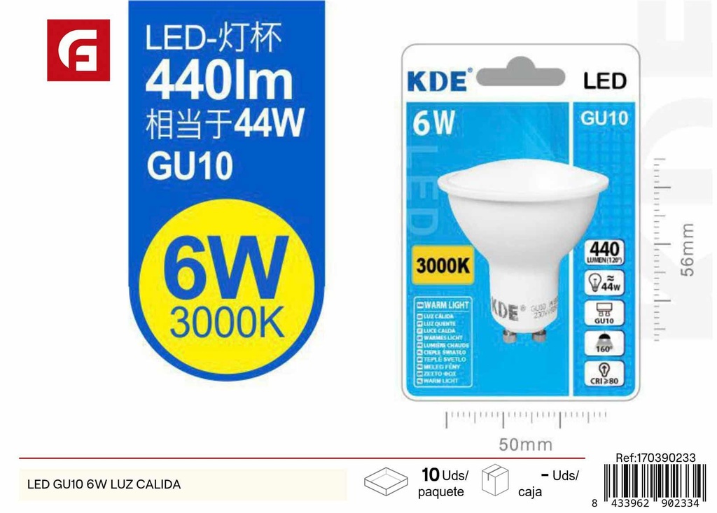 Bombilla LED GU10 6W luz cálida - Iluminación y bombillas LED