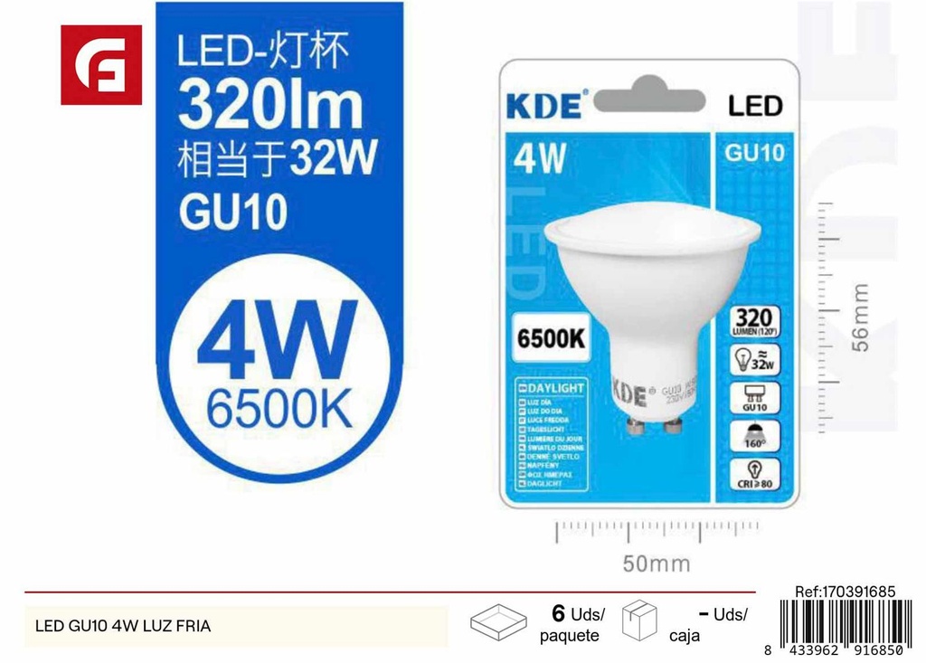 Foco LED GU10 4W luz fría - Iluminación y bombillas LED