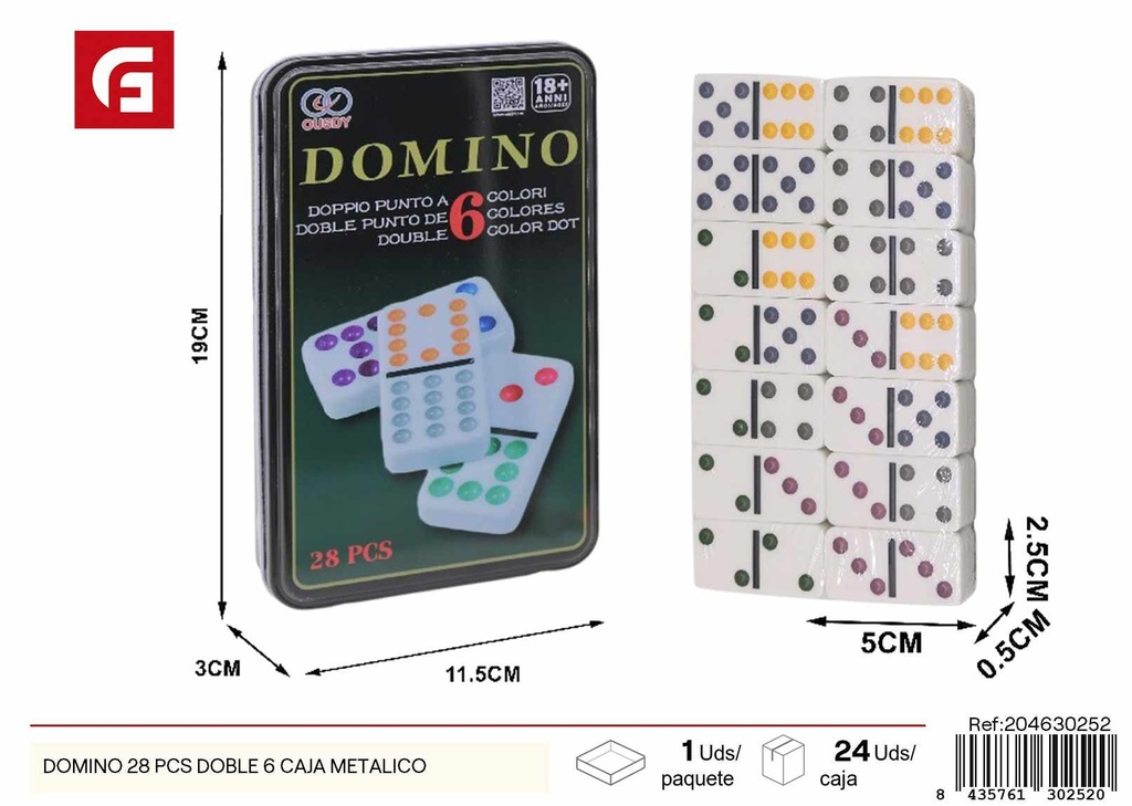 Domino 28 piezas doble 6 en caja metálica - Juguetes de mesa y juegos de dominó