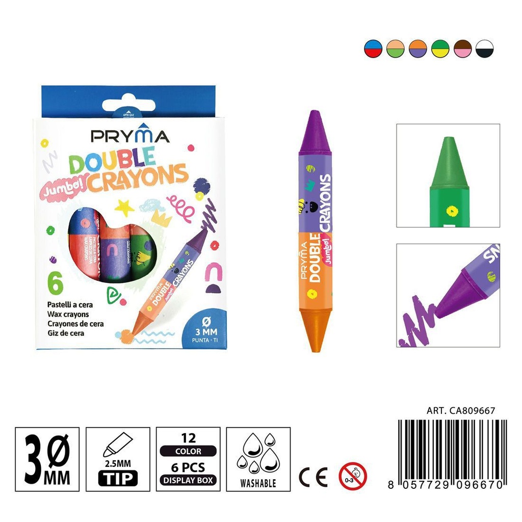 Lápiz de cera jumbo doble punta 6 piezas 12 colores - Material de arte y manualidades