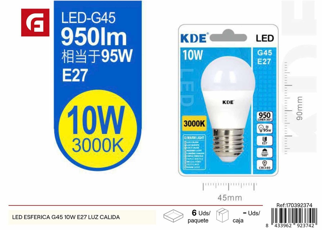 Bombilla LED esférica G45 10W E27 luz cálida - Iluminación LED