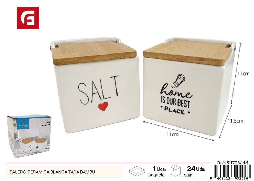 Salero de cerámica blanca con tapa de bambú - Vidrio y Cerámica para cocina