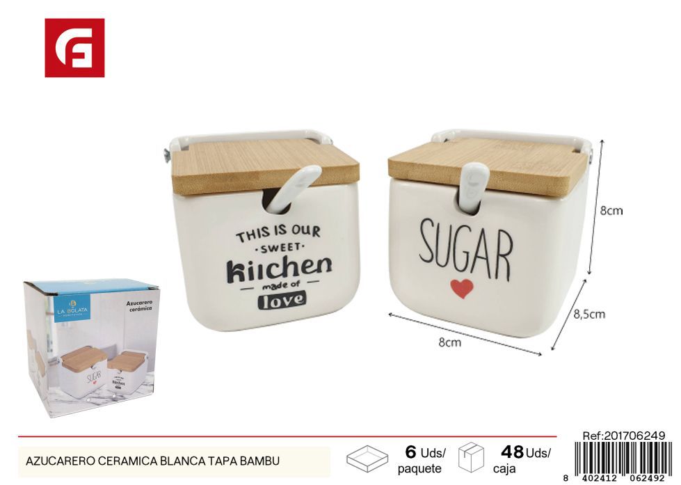 Azucarero de cerámica blanca con tapa de bambú - Vidrio y Cerámica para cocina