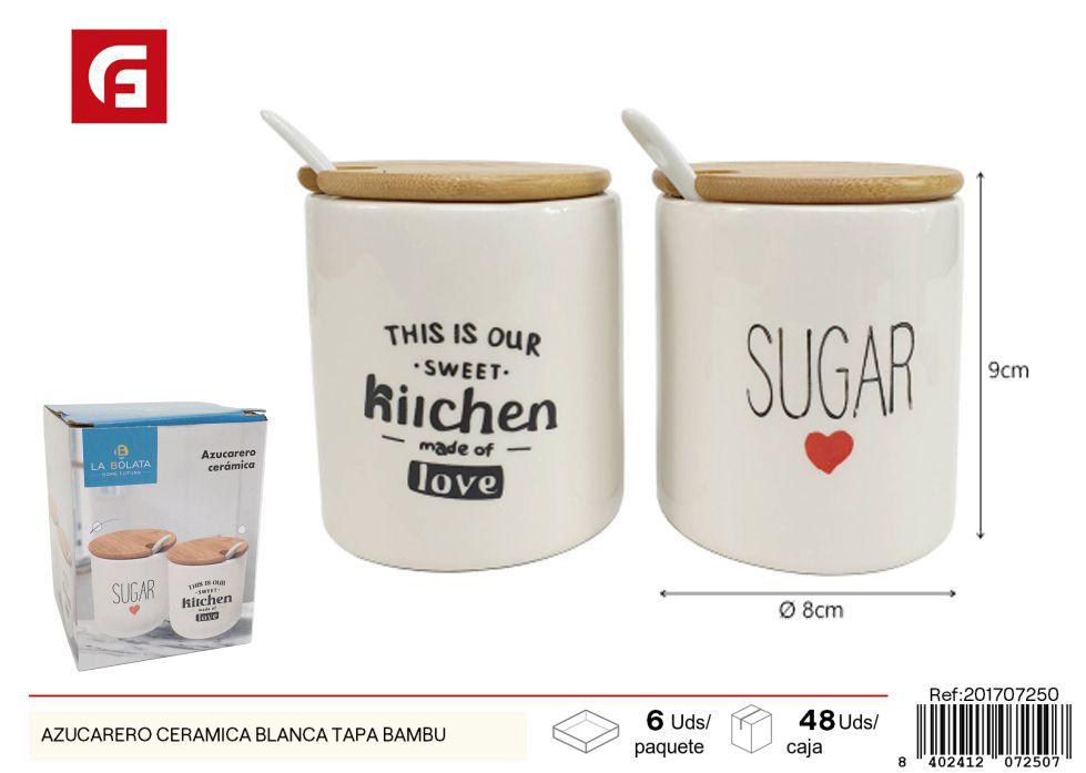 Azucarero de cerámica blanca con tapa de bambú (repetido) - Vidrio y Cerámica para cocina