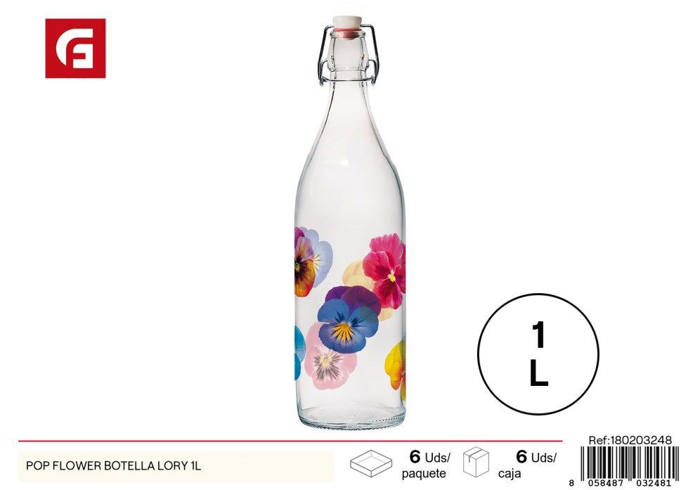 Botella de cristal 1L Pop Flower Lory - Accesorios de cocina y botellas