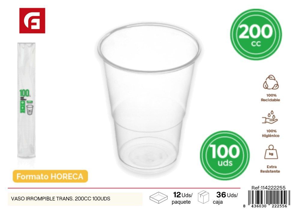 Vaso de plástico irrompible 200 cc - Pack de 100 unidades