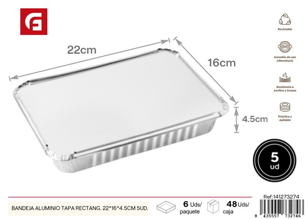 Bandeja de aluminio rectangular 22x16x4.5 cm 5 uds - Utensilios desechables