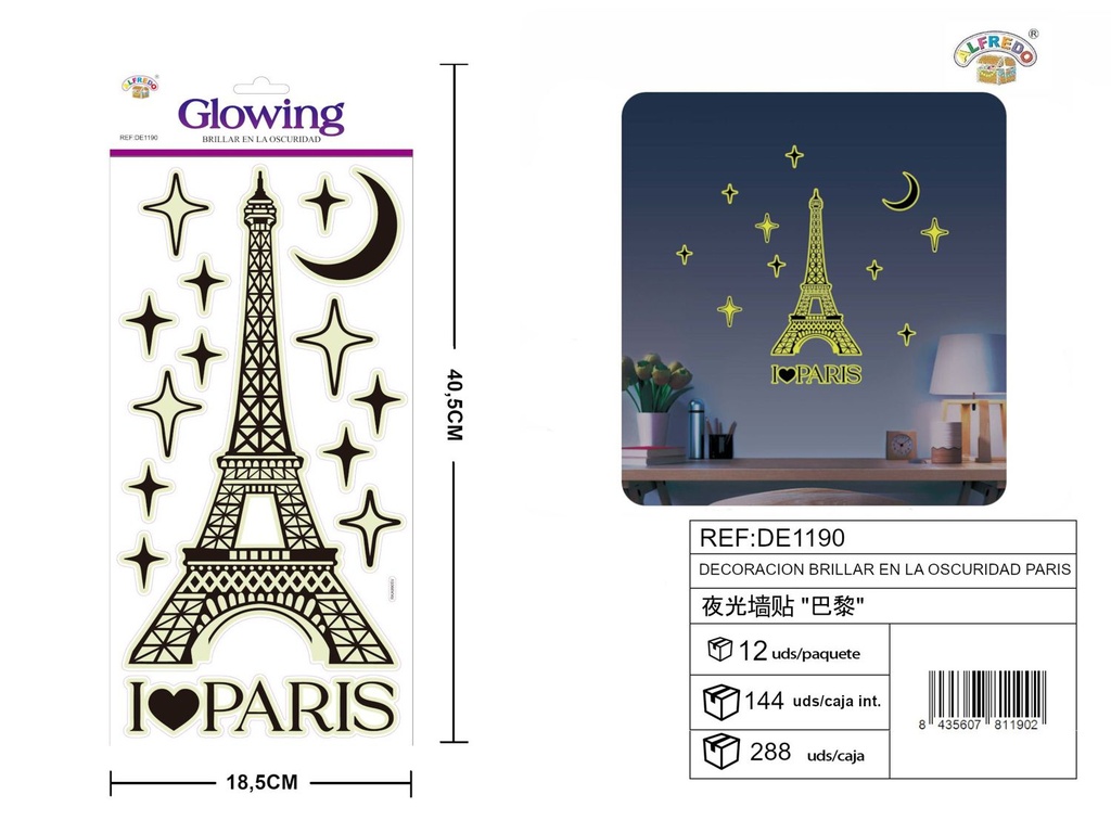 Decoración brillar en la oscuridad París 18.5x40.5 cm - Artículos de decoración