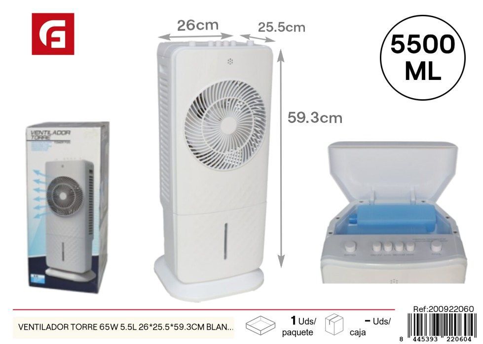  ventilador torre 65W 5.5L 26x25.5x59.3 cm blanco - Ventiladores para verano