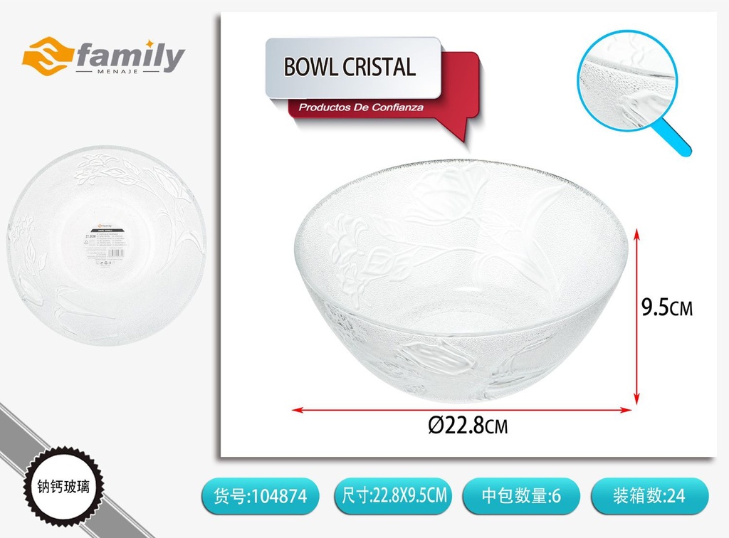 Cuenco de cristal MG-9B de 9 pulgadas con diseño de rosa - Platos y bandejas de vidrio