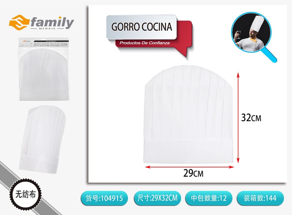 Gorro de cocina extra alto 32x29cm 2 piezas - Accesorios de cocina