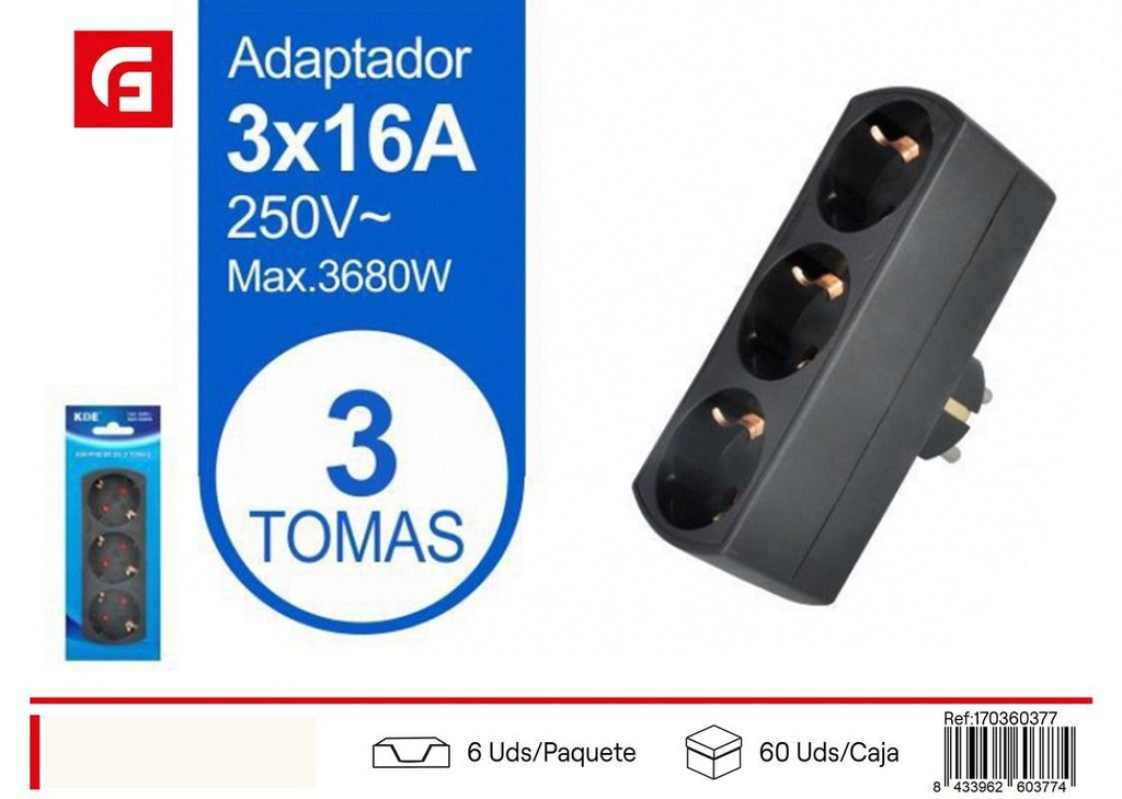 Adaptador de 3 tomas negro - Suministros eléctricos y adaptadores