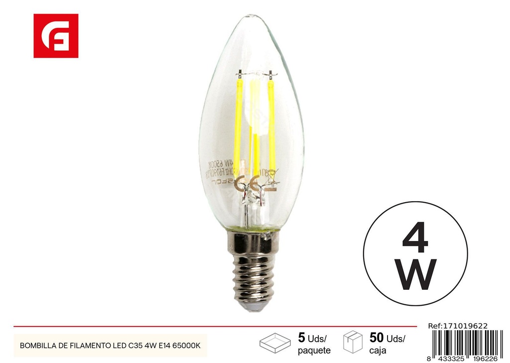Bombilla filamento LED transparente C35 E14 4W 6500K 470LM - Iluminación LED