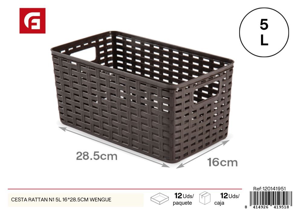 Cesta de plástico rattan 5L 16x28.5 cm wengué - Cestas de almacenamiento