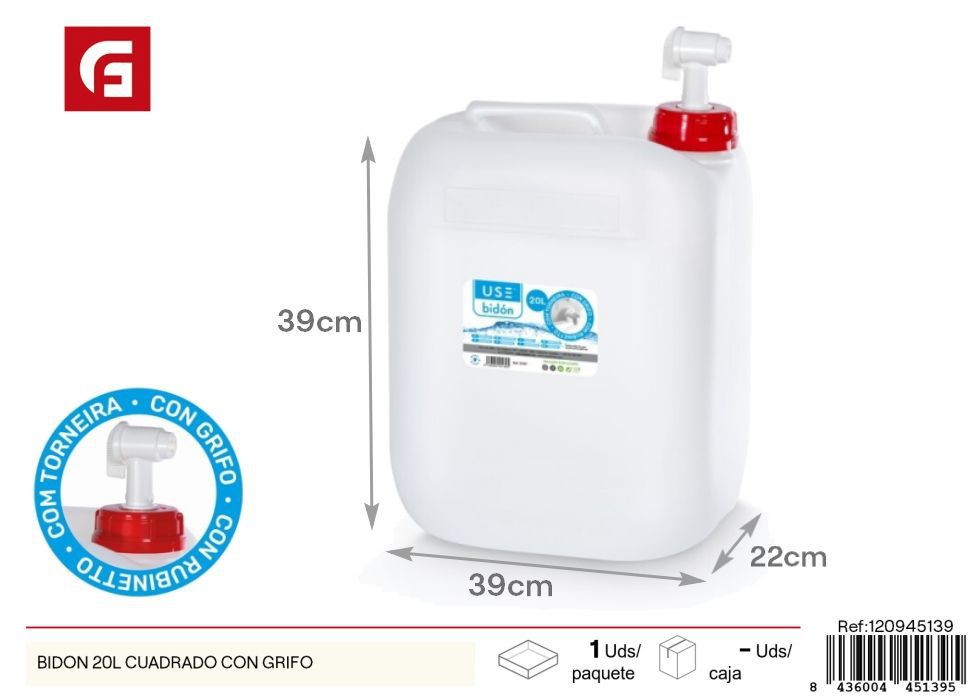 Bidón de plástico cuadrado de 20 L con grifo - Almacenamiento y transporte de líquidos