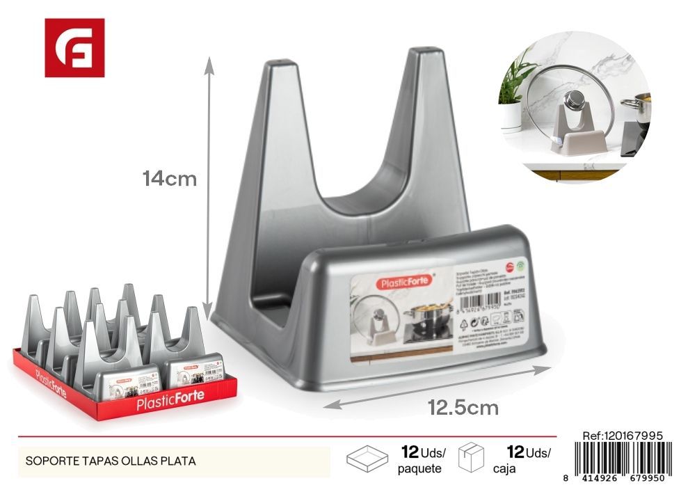 Soporte para tapas de ollas de plástico plateado - Organizador de utensilios de cocina