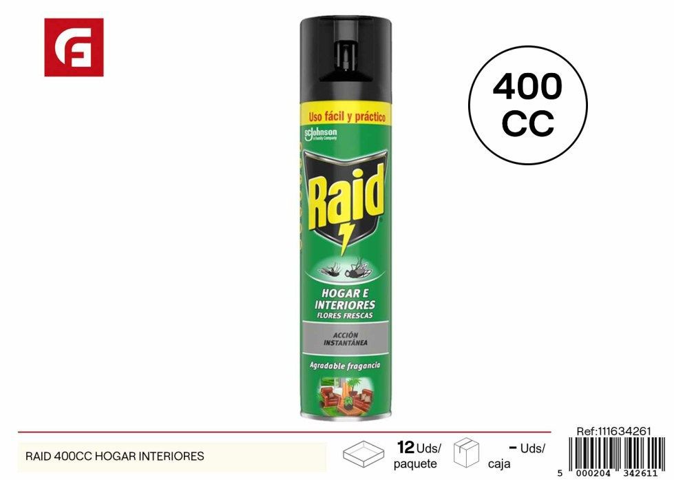 Insecticida 400cc Raid para hogar interiores - Productos de limpieza y control de plagas