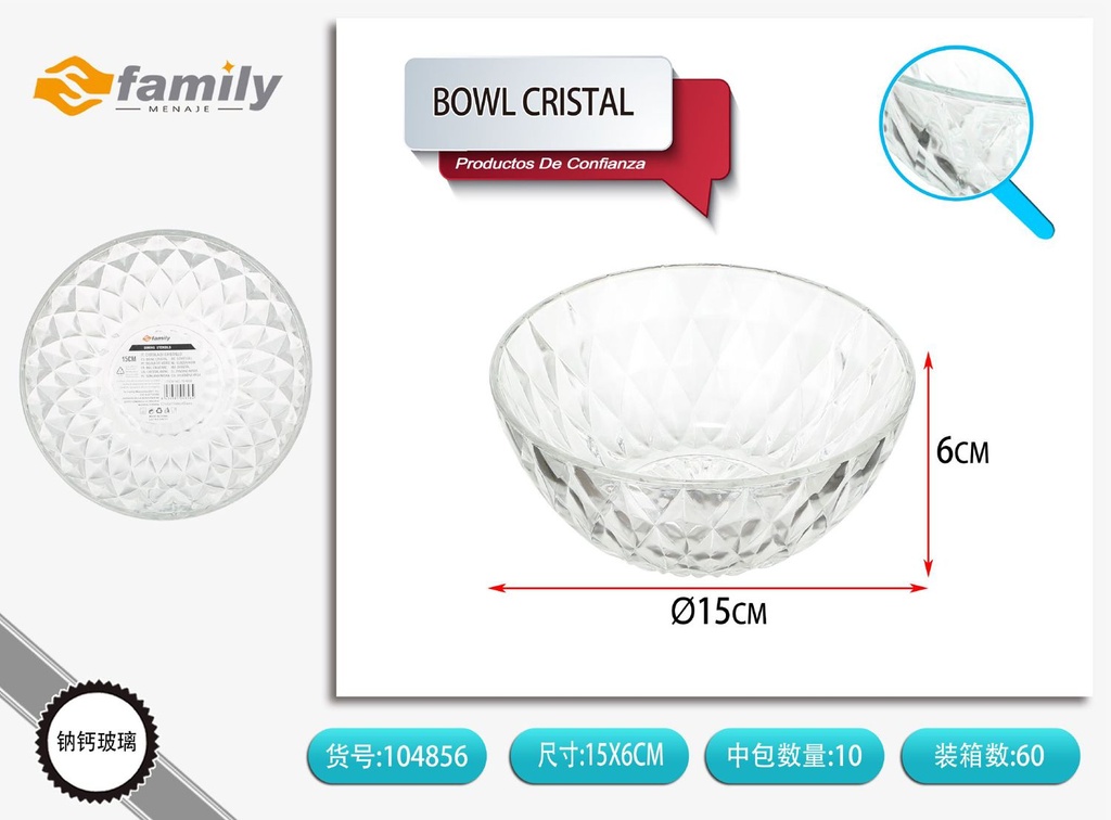 Cuenco de cristal Diamond 6 pulgadas - Platos y botes de cristal