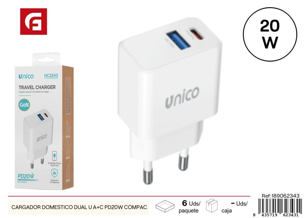 Cargador doméstico Dual USB A+C PD20W compacto - Cargadores y adaptadores