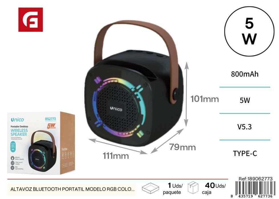 Altavoz bluetooth portátil modelo RGB colorido 5W - Equipos de sonido