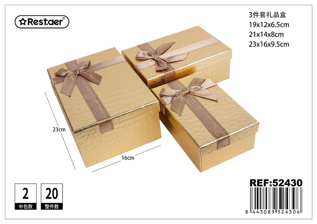 Set de 3 cajas de regalo rectangulares doradas 23x16x9.5 cm - Cajas de cartón para regalos