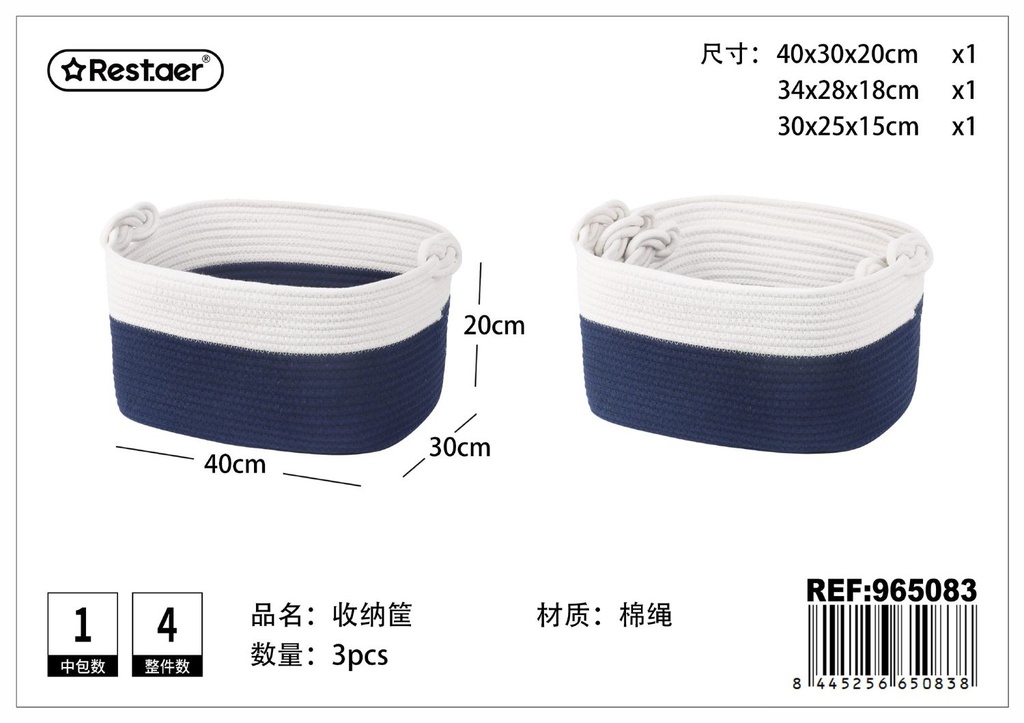Cesta de almacenamiento de cuerda de algodón 3 piezas azul oscuro - Decorativa y práctica