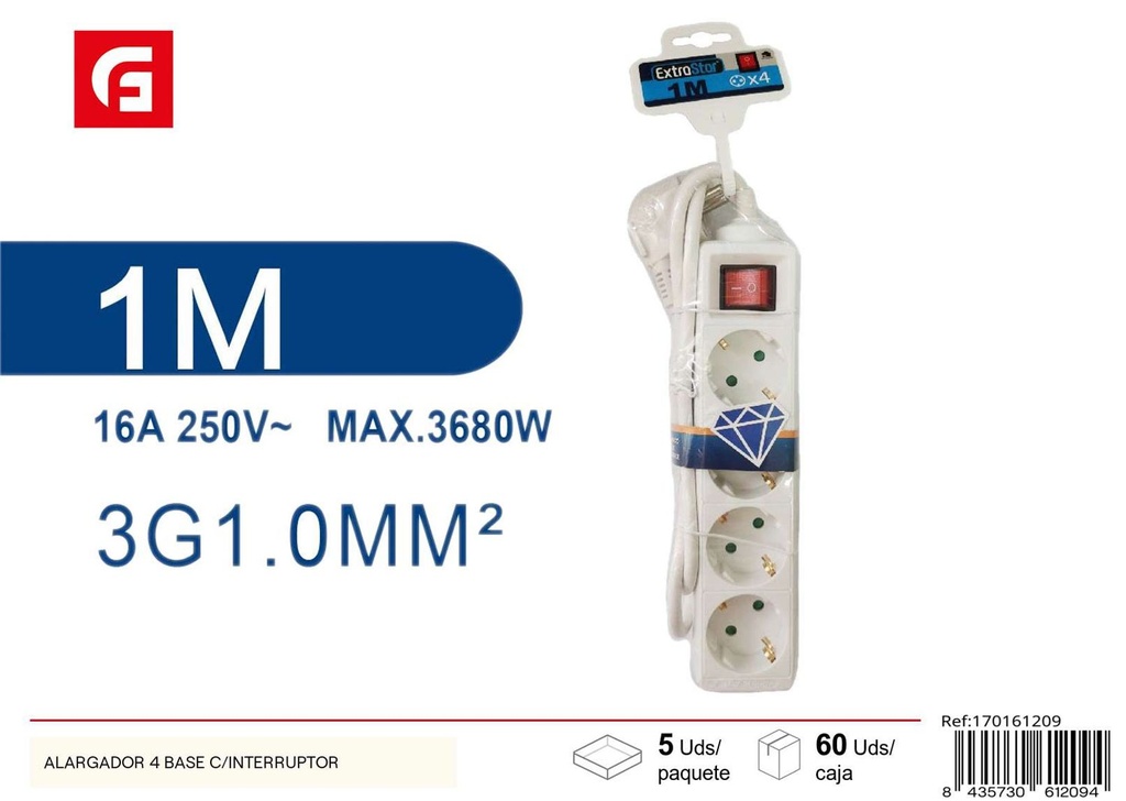 Alargador de 4 bases con interruptor - Toma corriente