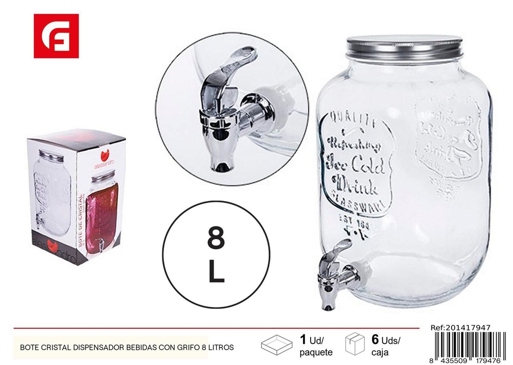 Bote de cristal dispensador de bebidas con grifo 8 litros